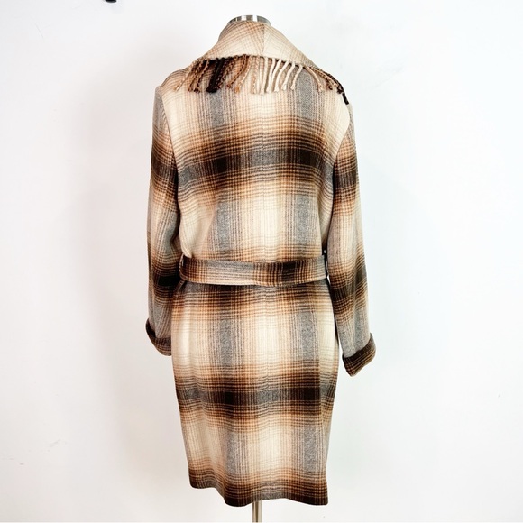 ELIE TAHARI BROWN TAN PLAID FRINGE
EDGE OPEN FRONT COAT WITH BELT LARGE - Picture 4 of 8